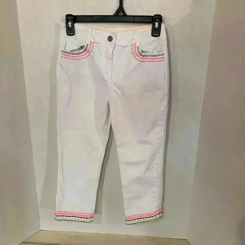 Mini Boden Girls White Cropped Capri Embroidered Denim Jeans Pants Size 11 Years